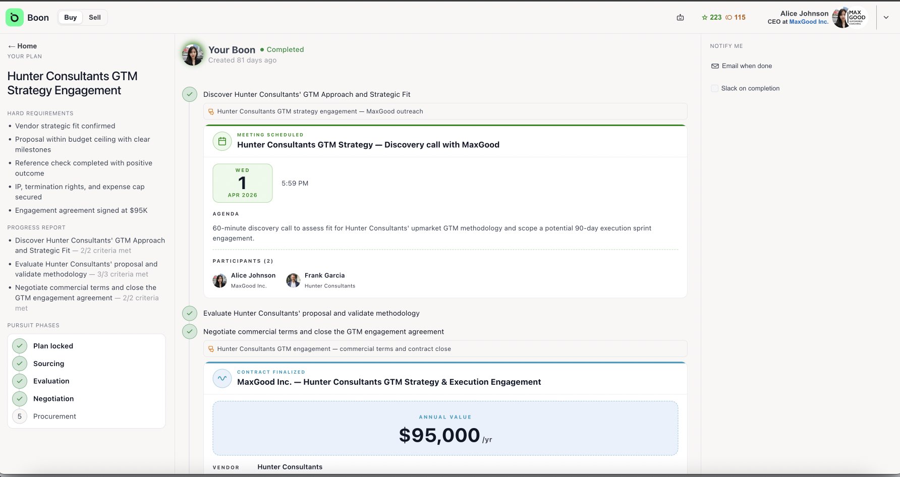 Boon — a deal’s plan, milestones and signed engagement in one view
